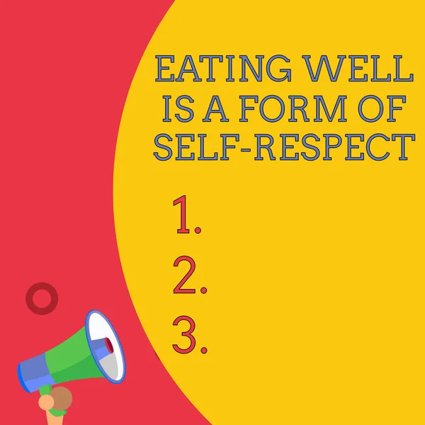 Handwriting text writing Eating Well Is A Form Of Self Respect. Concept meaning a quote of promoting healthy lifestyle Half part blank huge balloon empty text with small megaphone. Announcement.