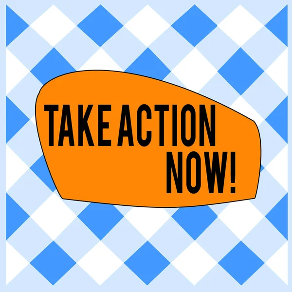 Conceptual hand writing showing Take Action Now. Business photo text do something official or concerted achieve aim with problem White and Blue Grid Cell in Straight Line Intertwined Pattern.