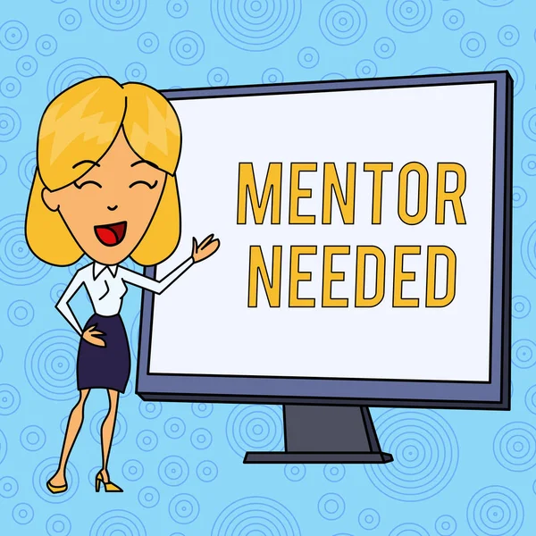 Word writing text Mentor Needed. Business concept for wanted help for more experienced or more knowledgeable demonstrating White Female in Standing Pointing Blank Screen Whiteboard Presentation.