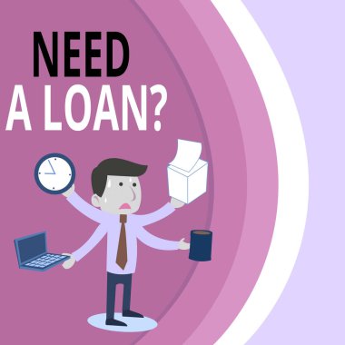 Kredi Ye gerek sorusunu gösteren not yazma. İş fotoğraf vitrin o faiz ile geri ödenen beklenen para ihtiyacı soran Stresli Erkek Çalışan Yöneticisi Multitasking Meet Deadline.