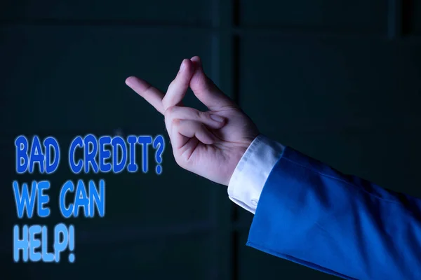 Text sign showing Bad Credit Question We Can Help. Conceptual photo offering help after going for loan then rejected Isolated hand pointing with finger. Business concept pointing finger.