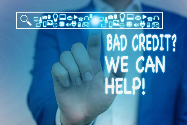 Conceptual hand writing showing Bad Credit Question We Can Help. Business photo showcasing offering help after going for loan then rejected Male wear formal suit presenting presentation smart device. — Stock Photo, Image