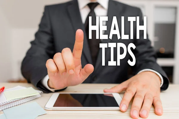 Text sign showing Health Tips. Conceptual photo advice or information given to be helpful in being healthy.