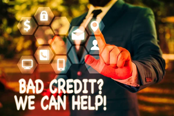 Tekst pisma odręcznego złe pytanie kredytowe, które możemy pomóc. Pojęcie znaczenie oferując pomoc po przejściu na kredyt następnie odrzucone. — Zdjęcie stockowe