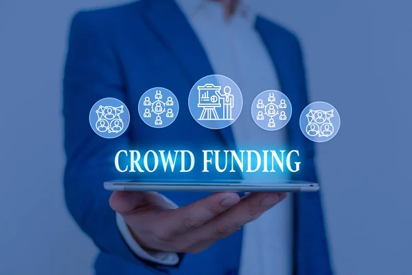 Text sign showing Crowd Funding. Conceptual photo Fundraising Kickstarter Startup Pledge Platform Donations Male human wear formal work suit presenting presentation using smart device. — Stock Photo, Image