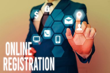 Online Kayıt 'ı gösteren bir not yazıyorum. İnternet üzerinden üye olmak veya kayıt yapmak için iş fotoğrafı görüntüleme sistemi.