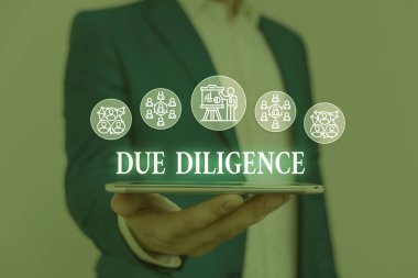 Text sign showing Due Diligence. Conceptual photo Comprehensive Appraisal Voluntary Investigation Audit Male human wear formal work suit presenting presentation using smart device. clipart