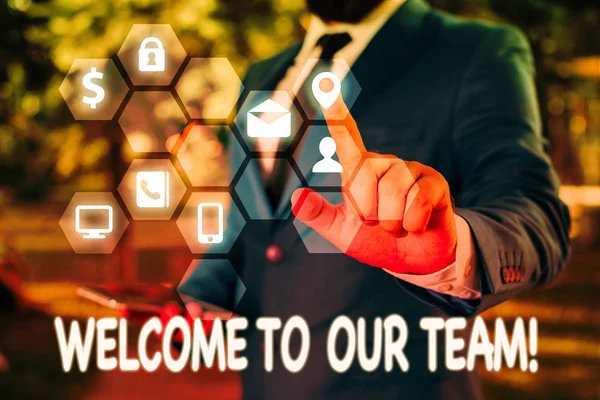 Texto de caligrafía Bienvenido a nuestro equipo. Concepto que significa presentar otra demostración a tus compañeros de equipo . — Foto de Stock