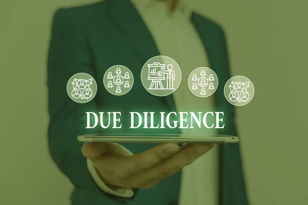 Text sign showing Due Diligence. Conceptual photo Comprehensive Appraisal Voluntary Investigation Audit Male human wear formal work suit presenting presentation using smart device. — Stock Photo, Image