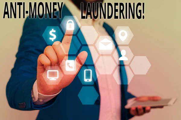Escritura a mano conceptual que muestra la lucha contra el lavado de dinero. Foto de negocios mostrando regulaciones dejar de generar ingresos a través de acciones ilegales . — Foto de Stock