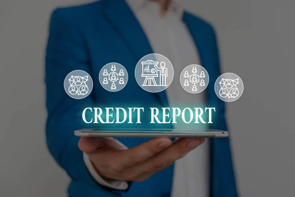 Text sign showing Credit Report. Conceptual photo Borrowing Rap Sheet Bill and Dues Payment Score Debt History Male human wear formal work suit presenting presentation using smart device.