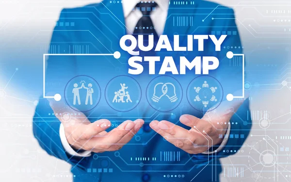 Word writing text Quality Stamp. Business concept for Seal of Approval Good Impression Qualified Passed Inspection Male human wear formal work suit presenting presentation using smart device.