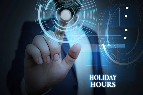 Handwriting text Holiday Hours. Concept meaning Schedule 24 or7 Half Day Today Last Minute Late Closing Male human wear formal work suit presenting presentation using smart device. — Stock Photo, Image