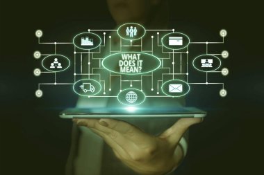 Kelime yazma metni Nedir Sorusu. Belirsiz ifade iletişim kurmak için amaçlanan iş konsepti Kadın akıllı cihaz kullanarak sunum sunan resmi iş elbisesi giymek.