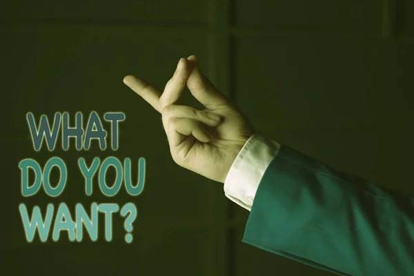 Text sign showing What Do You Want Question. Conceptual photo say or write in order to ask demonstrating about something Isolated hand pointing with finger. Business concept pointing finger.