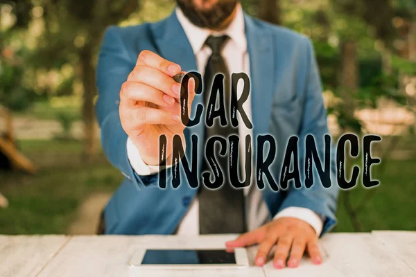 Writing note showing Car Insurance. Business photo showcasing Accidents coverage Comprehensive Policy Motor Vehicle Guaranty Businessman holds pen and points into copy space. — Stock Photo, Image