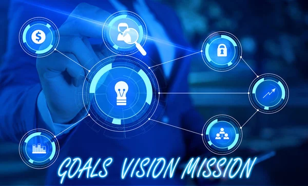 Schreiben Notiz zeigt Ziele Vision Mission. Business-Foto präsentiert praktischen Planungsprozess verwendet werden, um Community-Gruppe männlich tragen formale Anzug präsentiert Präsentation intelligentes Gerät helfen. — Stockfoto