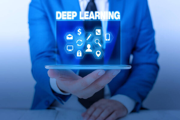Text sign showing Deep Learning. Conceptual photo Hierarchical Abstractions Artificial Intelligence Algorithm.