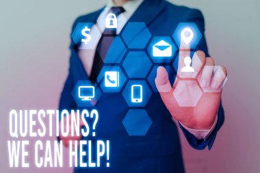 Sorular Soru Biz Yardımcı Olabilirgösteren not yazma. Bilmek isteyenlere yardım sunan iş fotoğrafı vitrin.