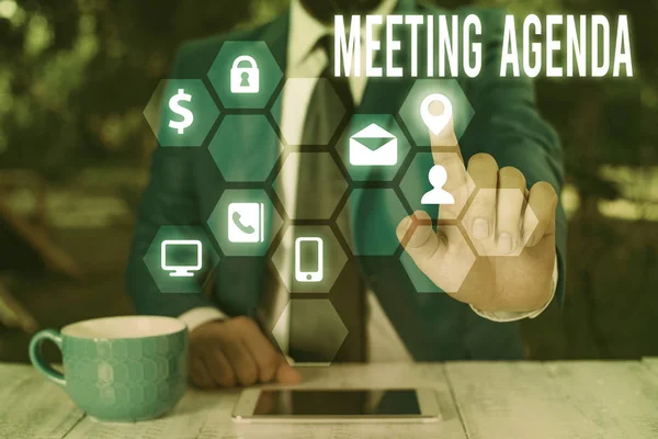Text sign showing Meeting Agenda. Conceptual photo items that participants hope to accomplish at a meeting.