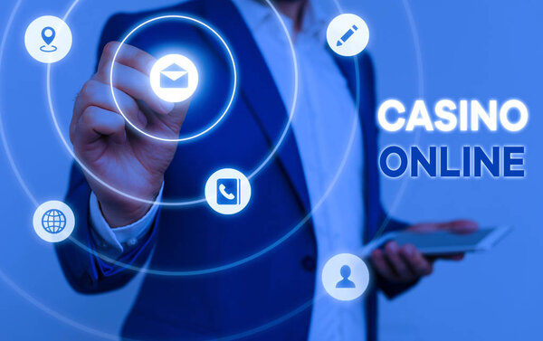 Conceptual hand writing showing Casino Online. Business photo text Computer Poker Game Gamble Royal Bet Lotto High Stakes.