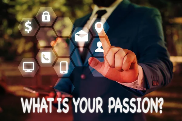 Handschrift tekst Wat is uw passie vraag. Concept betekent vragen over zijn sterke en nauwelijks beheersbare emotie. — Stockfoto