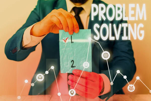 Conceptuele hand schrijven met probleemoplossing. Zakelijke fotopresentatie proces van het vinden van oplossingen voor moeilijke of complexe problemen. — Stockfoto