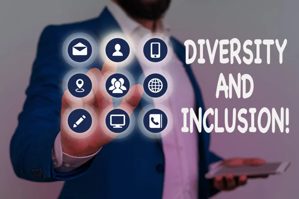 Writing note showing Diversity And Inclusion. Business photo showcasing range huanalysis difference includes race ethnicity gender.
