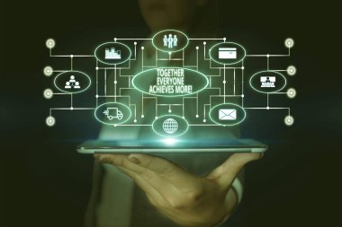 Word writing text Together Everyone Achieves More. Business concept for Members create synergy with strong sense mutual commitment Woman wear formal work suit presenting presentation using smart