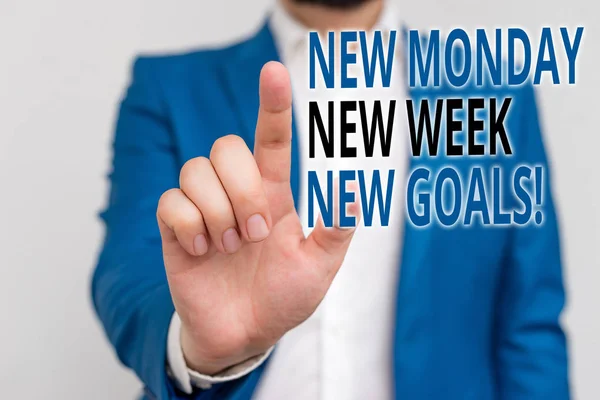 Texto de escritura de palabras New Monday New Week New Goals. Concepto de negocio para el fin de semana de despedida empezando nuevos objetivos Empresario en suite azul y camisa blanca apuntando con el dedo en el espacio vacío . — Foto de Stock