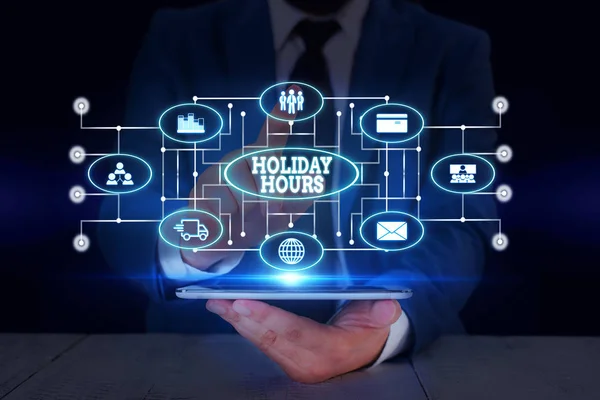 Text sign showing Holiday Hours. Conceptual photo Schedule 24 or7 Half Day Today Last Minute Late Closing Male human wear formal work suit presenting presentation using smart device.