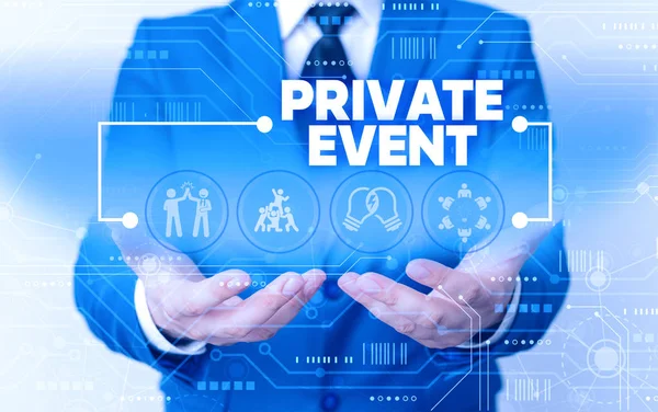 Word writing text Private Event. Business concept for Exclusive Reservations RSVP Invitational Seated Male human wear formal work suit presenting presentation using smart device. — Stock Photo, Image