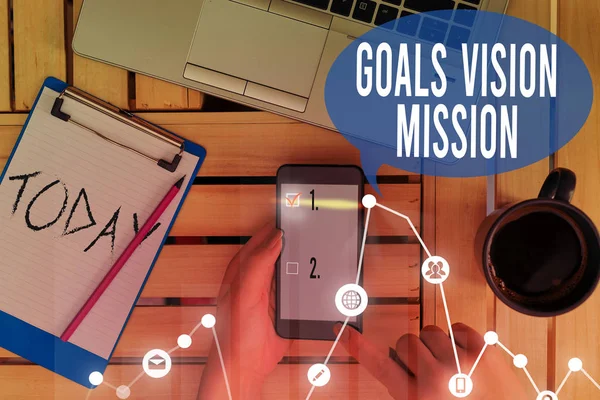 Text skylt som visar mål vision mission. Konceptuell foto praktisk planeringsprocess som används för att hjälpa community-gruppen. — Stockfoto