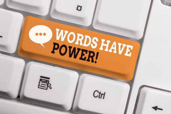 Text sign showing Words Have Power. Conceptual photo as they has ability to help heal hurt or harm someone White pc keyboard with empty note paper above white background key copy space.