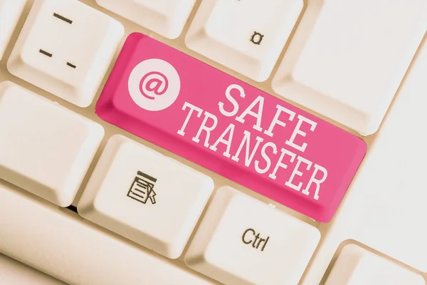 Writing note showing Safe Transfer. Business photo showcasing Wire Transfers electronically Not paper based Transaction White pc keyboard with note paper above the white background.