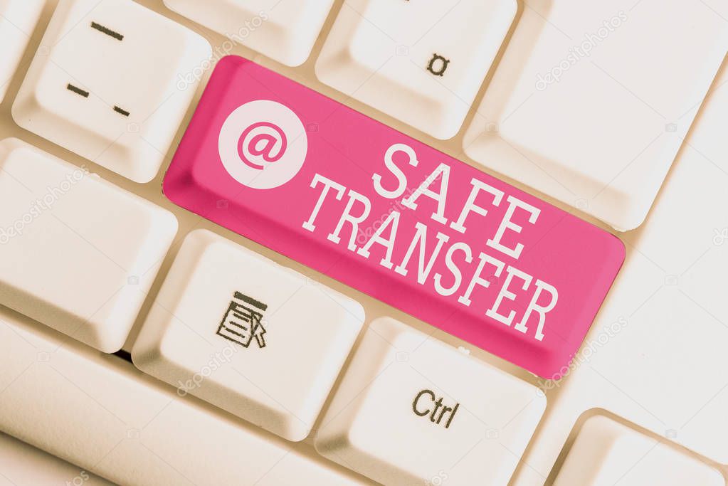 Writing note showing Safe Transfer. Business photo showcasing Wire Transfers electronically Not paper based Transaction White pc keyboard with note paper above the white background.