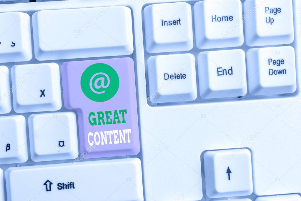 Text sign showing Great Content. Conceptual photo Satisfaction Motivational Readable Applicable Originality White pc keyboard with empty note paper above white background key copy space.