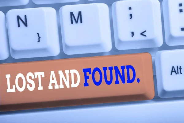 Word writing text Lost And Found. Business concept for a place where lost items are stored until they reclaimed White pc keyboard with empty note paper above white background key copy space.