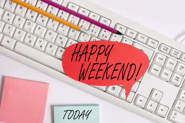 Word writing text Happy Weekend. Business concept for something nice has happened or they feel satisfied with life Empty copy space red note paper bubble above pc keyboard for text message.