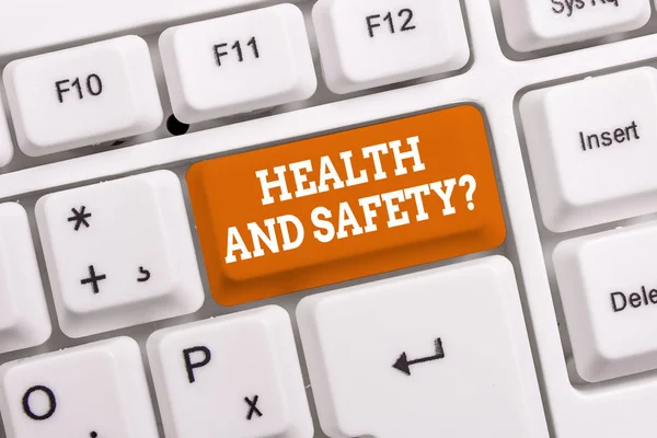 Handwriting text Health And Safety Question. Concept meaning regulations and procedures to prevent accident or injury White pc keyboard with empty note paper above white background key copy space.