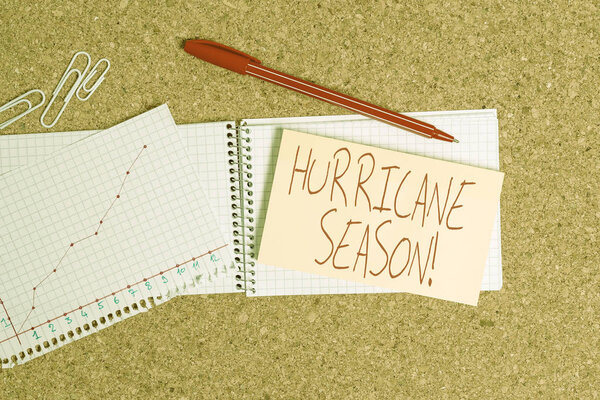 Word writing text Hurricane Season. Business concept for time when most tropical cyclones are expected to develop Desk notebook paper office cardboard paperboard study supplies table chart.