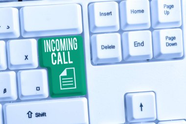 Gelen Çağrı'yı gösteren kavramsal el yazısı. Beyaz arka plan üzerinde not kağıdı ile Gelen Alınan Arayan Id Telefon Sesli Mesaj Vidcall Beyaz pc klavye vitrine İş fotoğrafı.