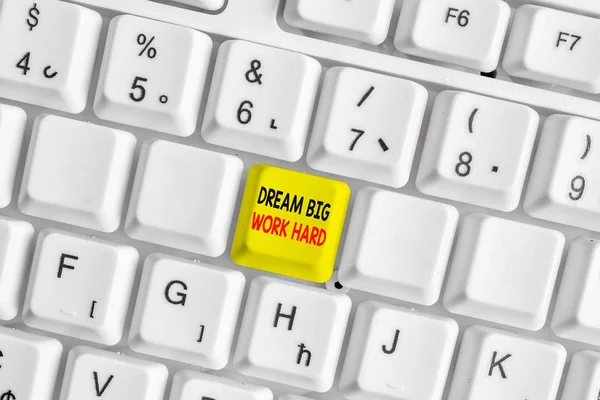 Writing note showing Dream Big Work Hard. Business photo showcasing Believe in yourself and follow the dreams and goals White pc keyboard with note paper above the white background.