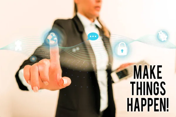 Text sign showing Make Things Happen. Conceptual photo you will have to make hard efforts in order to achieve it Female human wear formal work suit presenting presentation use smart device.