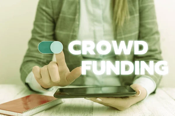 Conceptual hand writing showing Crowd Funding. Business photo showcasing Fundraising Kickstarter Startup Pledge Platform Donations Business concept with communication mobile phone. — Stock Photo, Image