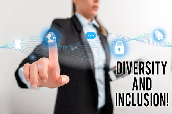 Text sign showing Diversity And Inclusion. Conceptual photo range huanalysis difference includes race ethnicity gender Female human wear formal work suit presenting presentation use smart device.