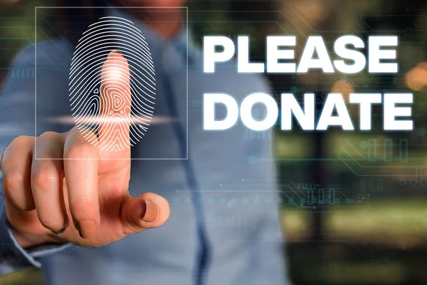 Handwriting text writing Please Donate. Concept meaning Supply Furnish Hand out Contribute Grant Aid to Charity Woman wear formal work suit presenting presentation using smart device.