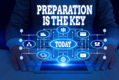 Hazırlık'ı gösteren not yazmak Anahtardır. İş fotoğrafı vitrin hataları azaltır ve faaliyetleri kısaltır Kadın akıllı cihaz kullanarak sunum sunan resmi iş elbisesi giymek.