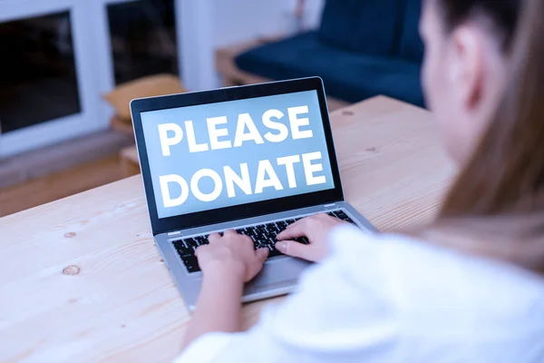 Conceptual hand writing showing Please Donate. Business photo text Supply Furnish Hand out Contribute Grant Aid to Charity woman with laptop smartphone and office supplies technology.