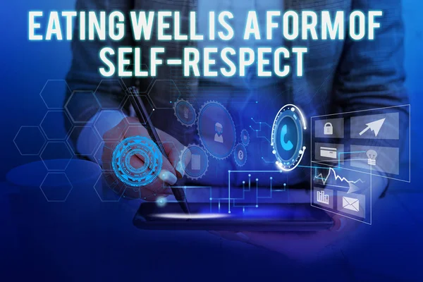 Text sign showing Eating Well Is A Form Of Self Respect. Conceptual photo a quote of promoting healthy lifestyle Woman wear formal work suit presenting presentation using smart device.